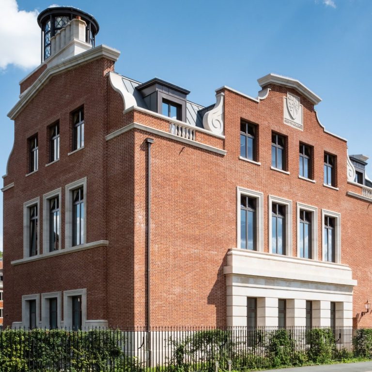 Natural stone pediment, chimneys and cornice