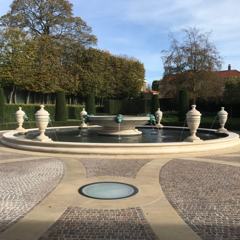 Stone fountain pool, fountain bowl and urns